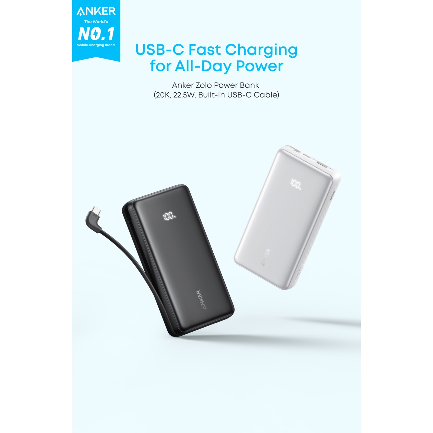 USB-C fast charging feature graphic for the Anker Zolo 20000mAh 22.5W power bank showing the white model alongside a black variant.