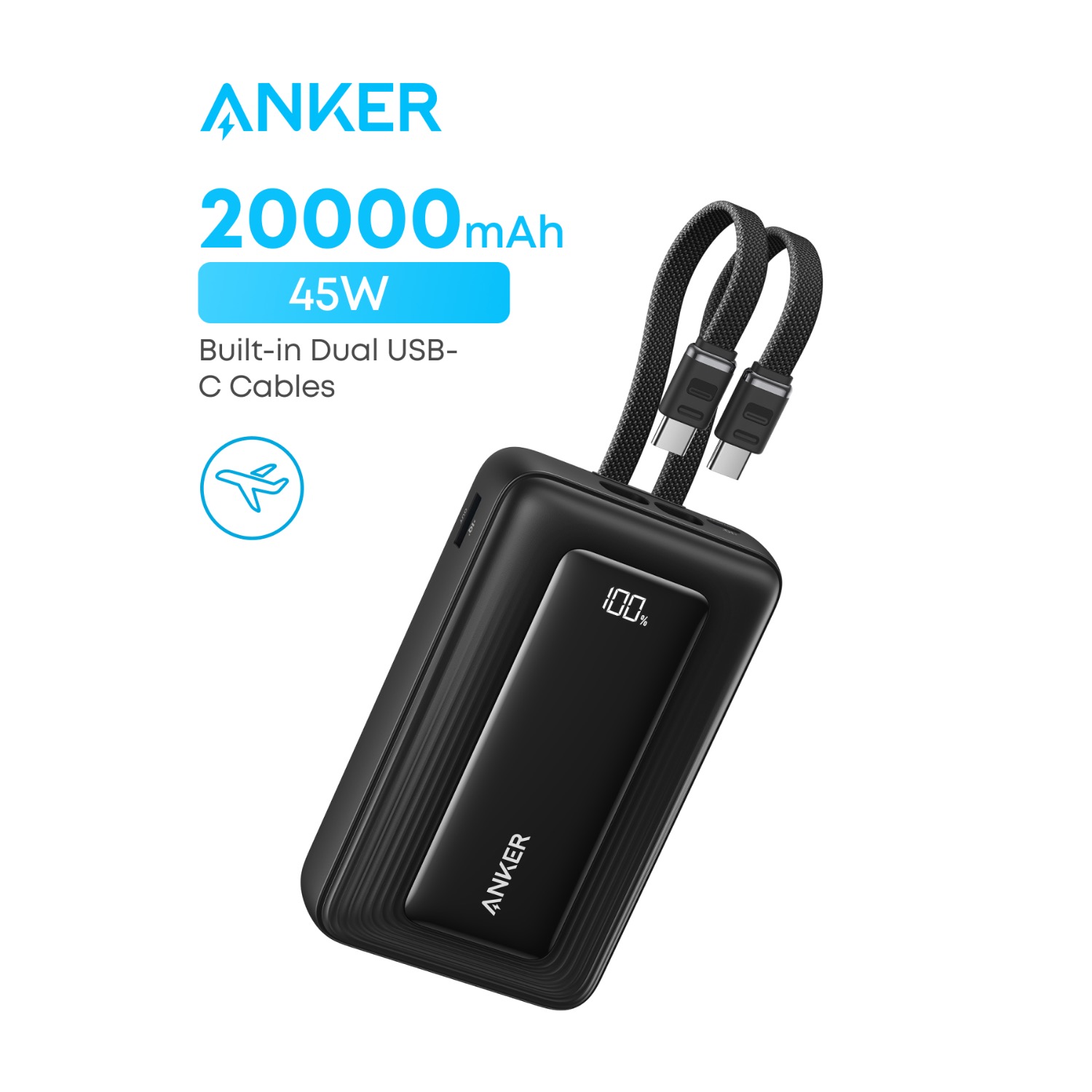 Anker Zolo power bank feature graphic showing the black 20000mAh 45W model with dual built-in USB-C cables and 100% digital display.