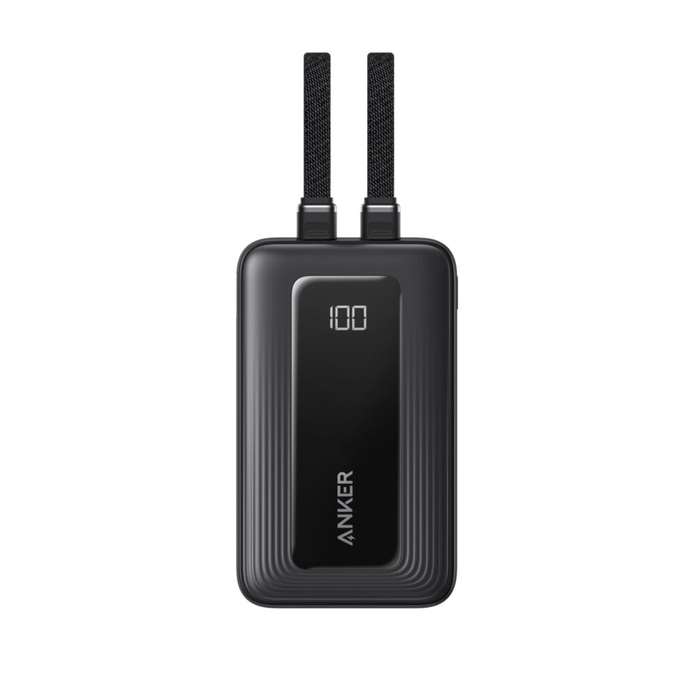 Black Anker Zolo 20000mAh 45W power bank shown from the front with both built-in USB-C cables extended and the digital display at 100%.