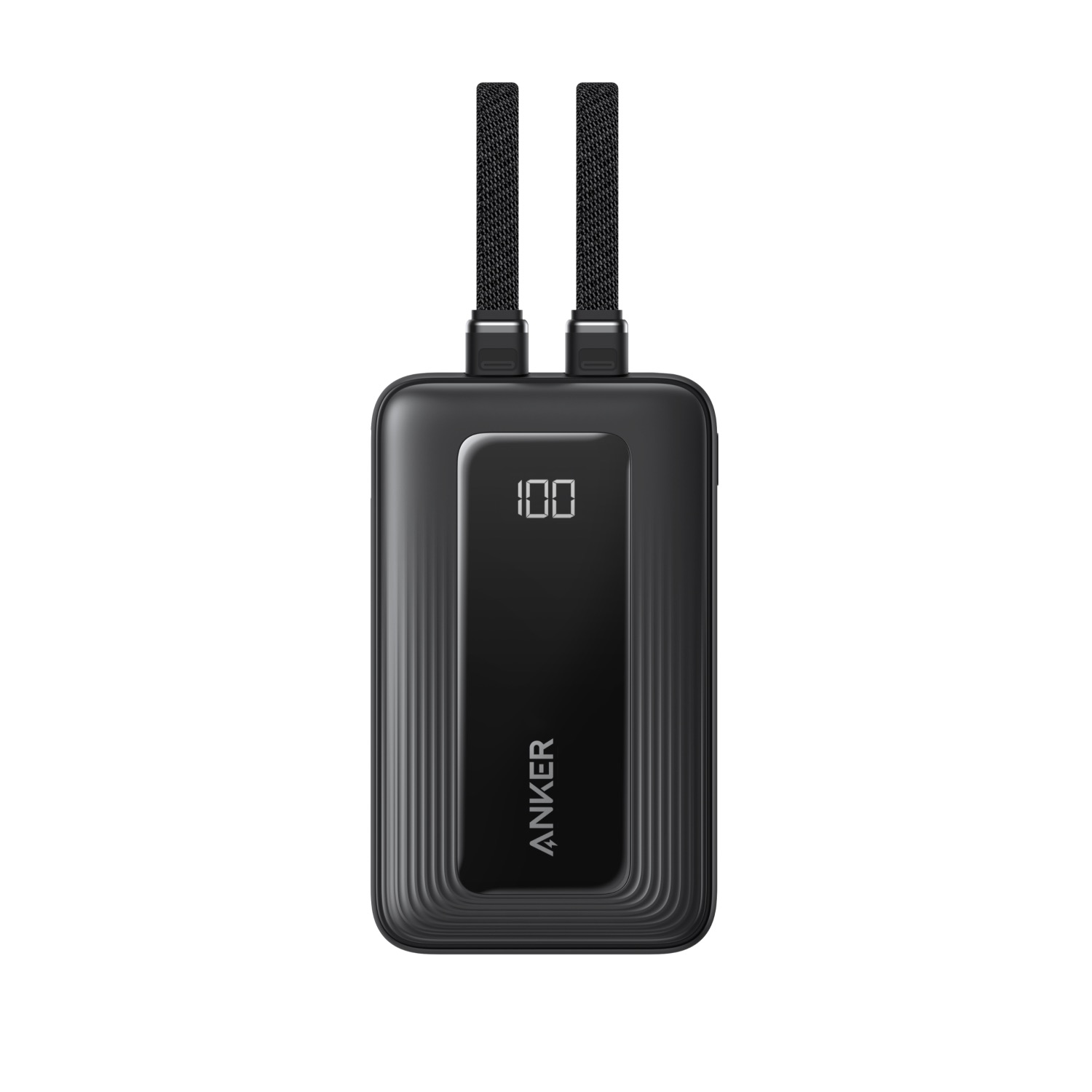 Black Anker Zolo 20000mAh 45W power bank shown from the front with both built-in USB-C cables extended and the digital display at 100%.