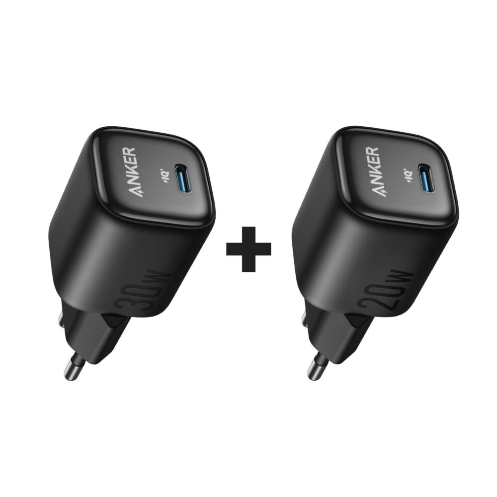 Black Anker charging bundle showing the Zolo 30W and 20W USB-C wall chargers side by side with a plus symbol