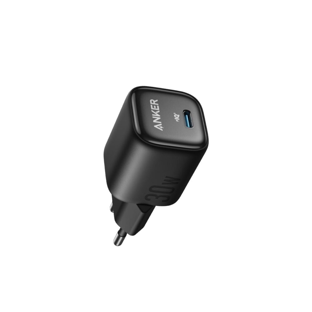 Black Anker Zolo 30W USB-C wall charger shown at an angle with its USB-C port visible
