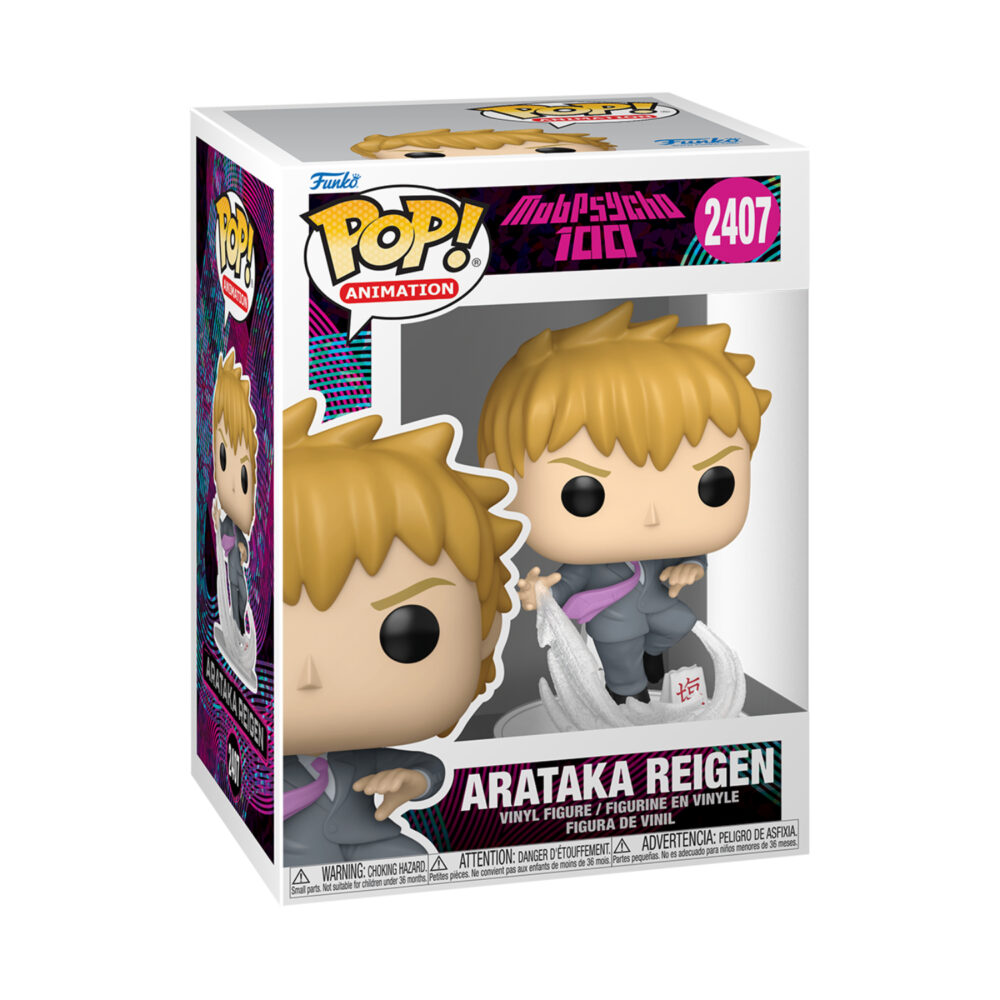 Boxed Arataka Reigen Mob Psycho 100 Funko Pop #2407 with the figure visible through the front window.