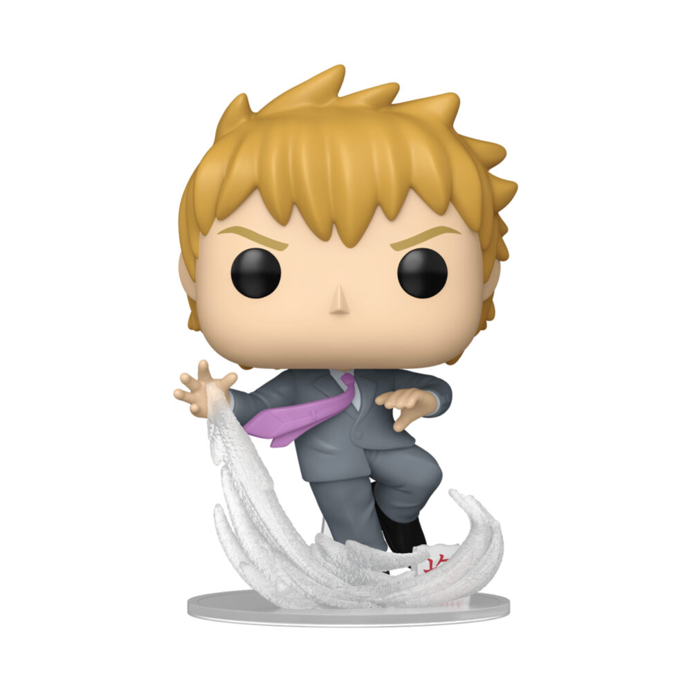 Unboxed Arataka Reigen Mob Psycho 100 Funko Pop #2407 in a grey suit and purple tie posed above a white effect.