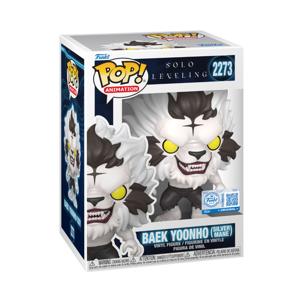 Baek Yoonho Silver Mane Solo Leveling Funko Pop #2273 Special Edition shown in its window display box with yellow eyes and white mane visible