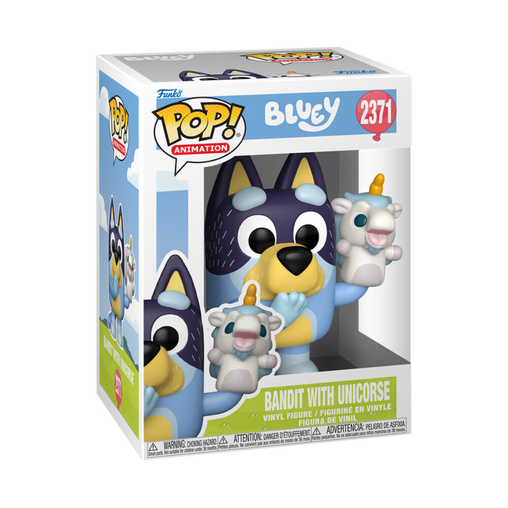 Boxed Bandit with Unicorse Bluey Funko Pop #2371 showing Bandit holding the Unicorse puppet.