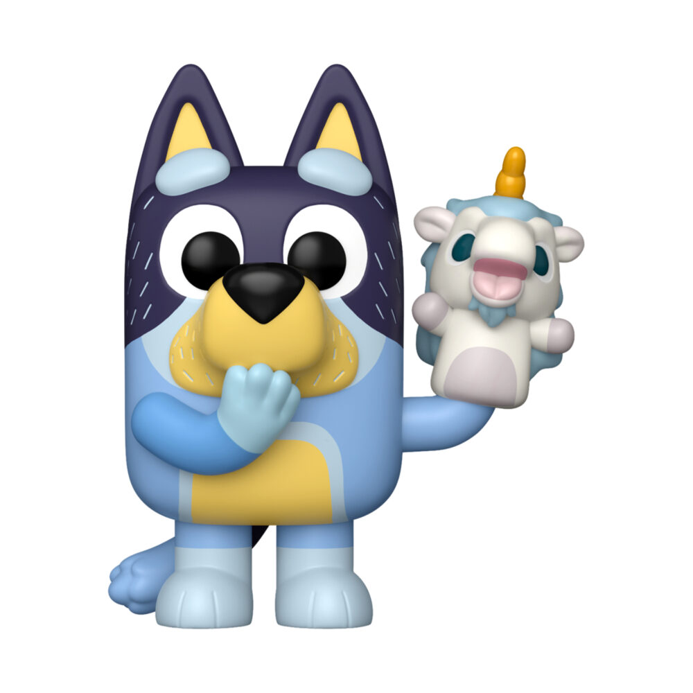 Unboxed Bandit with Unicorse Bluey Funko Pop #2371 with Bandit holding the Unicorse puppet.