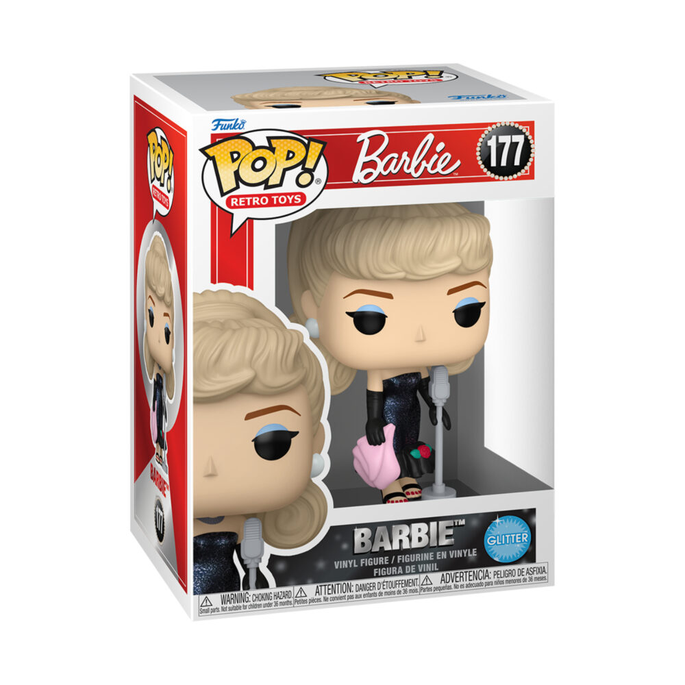 Boxed Barbie Glitter Retro Toys Funko Pop #177 in a black glitter dress beside a microphone stand.