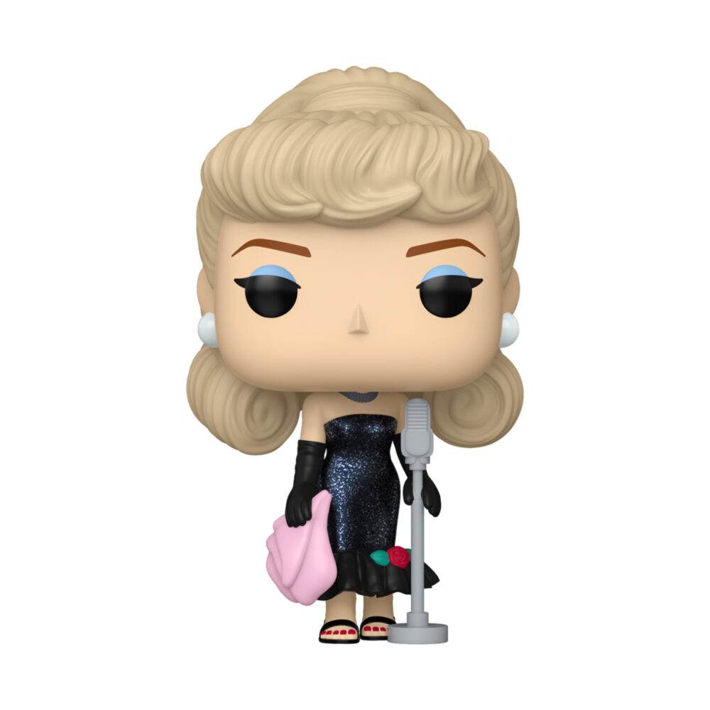 Unboxed Barbie Glitter Retro Toys Funko Pop #177 in a black glitter dress posed beside a microphone stand.