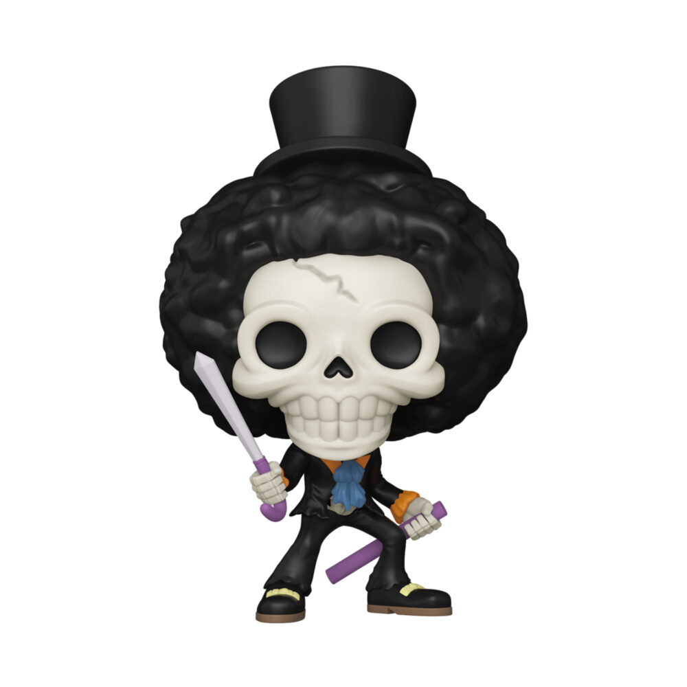 Brook - One Piece Funko Pop Figure #2231 unboxed wearing a top hat and holding a purple cane