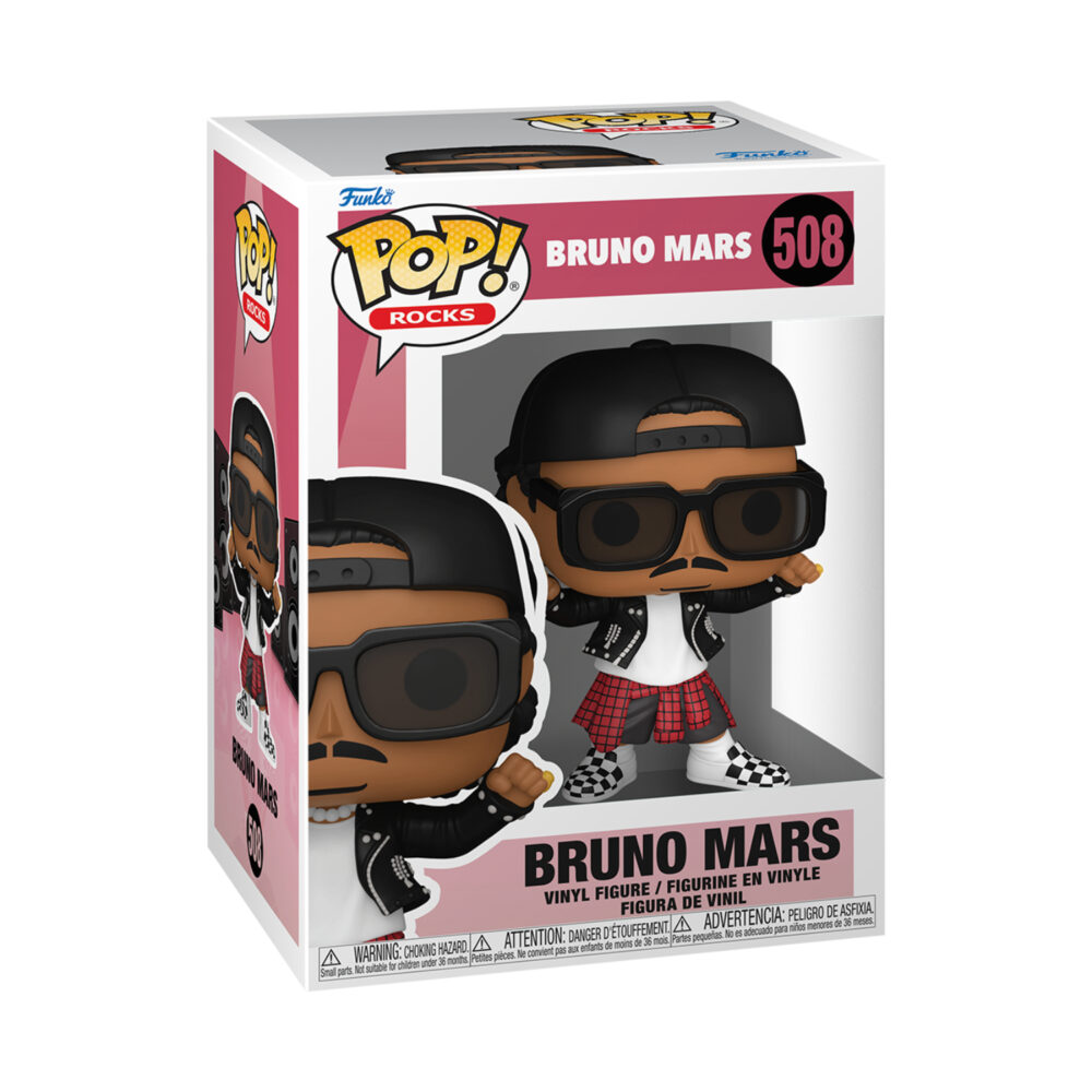 Boxed Bruno Mars (APT.) Funko Pop Rocks #508 wearing dark sunglasses, a black cap and jacket.