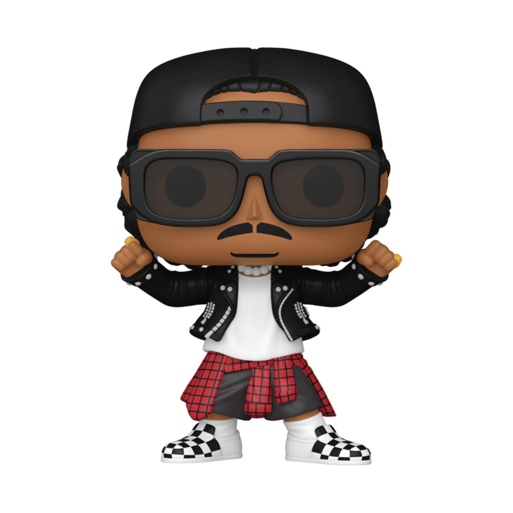 Unboxed Bruno Mars (APT.) Funko Pop Rocks #508 wearing dark sunglasses, a black cap, jacket and checkered shoes.