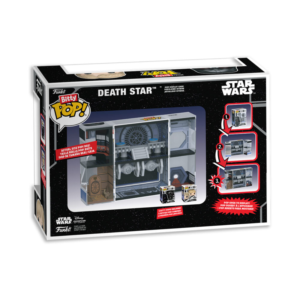 Back packaging view of the Star Wars Funko Bitty Pop Death Star Bitty Box showing the display case opened with Darth Vader and Luke Skywalker Bitty Pops.