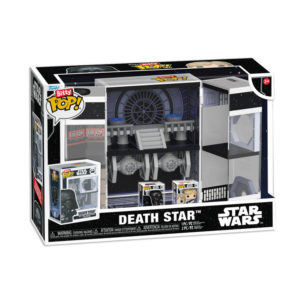 Front packaging view of the Star Wars Funko Bitty Pop Death Star Bitty Box showing the Death Star display with Darth Vader and Luke Skywalker Bitty Pops.