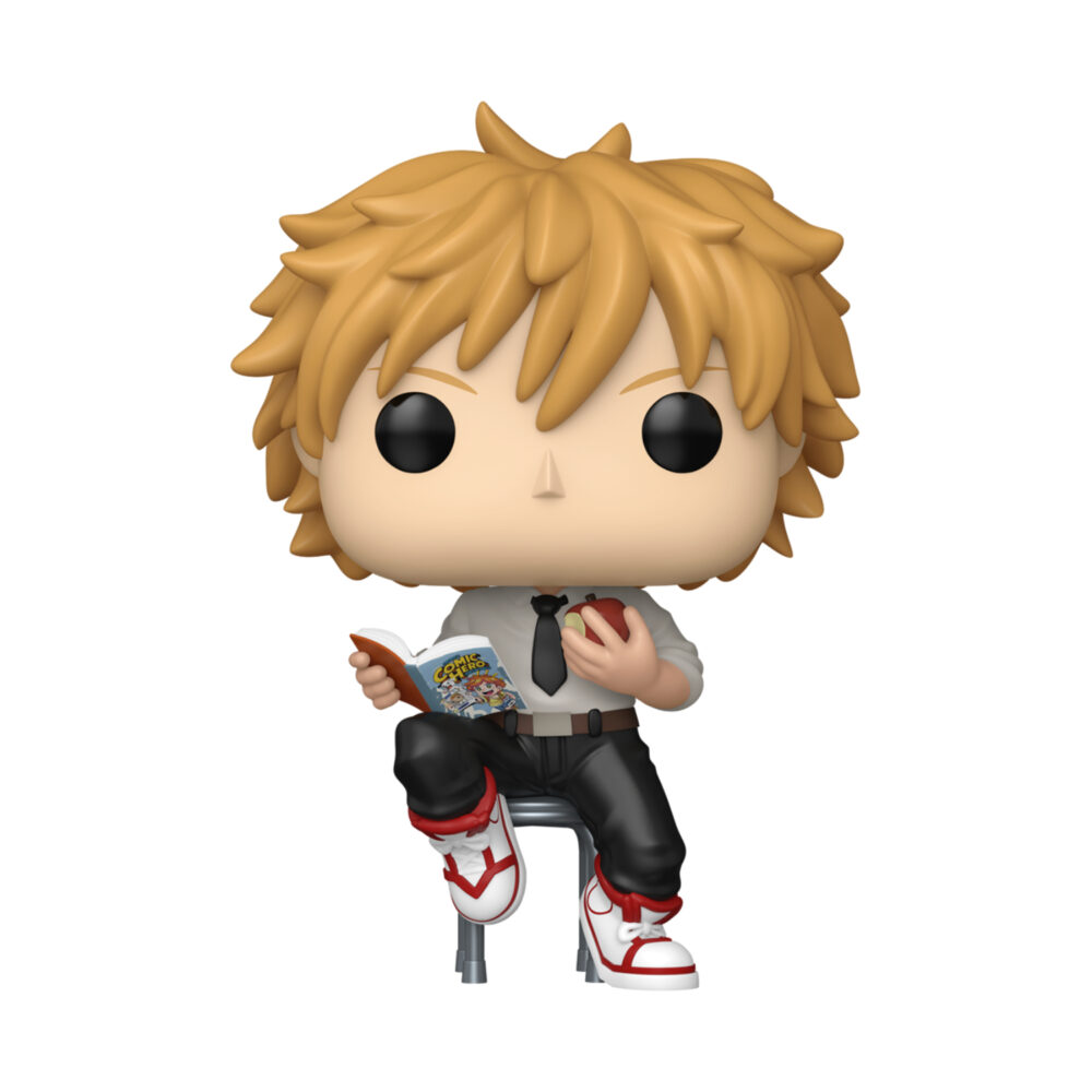 Unboxed Denji (Reading) Chainsaw Man Funko Pop #2377 seated with a book and apple in hand.