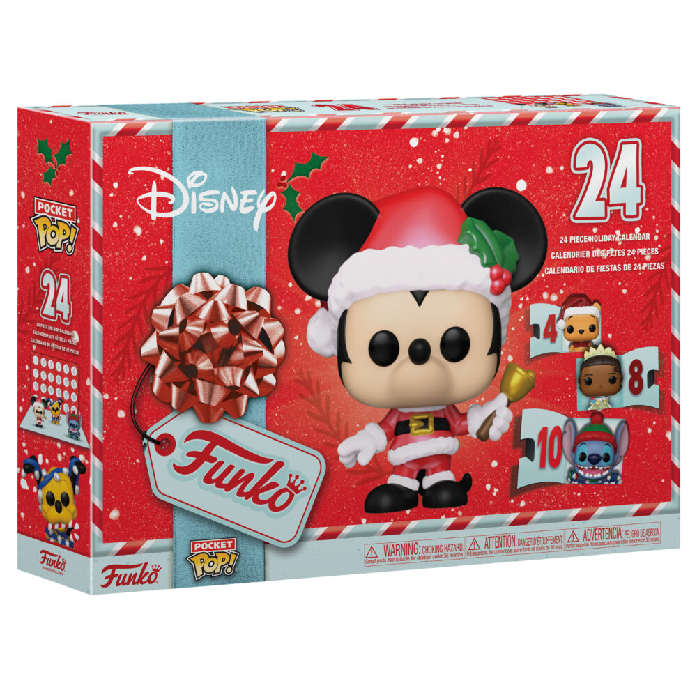 Disney Funko Pocket Pop Advent Countdown Calendar 24 Pack shown in red holiday packaging with Mickey Mouse dressed as Santa.