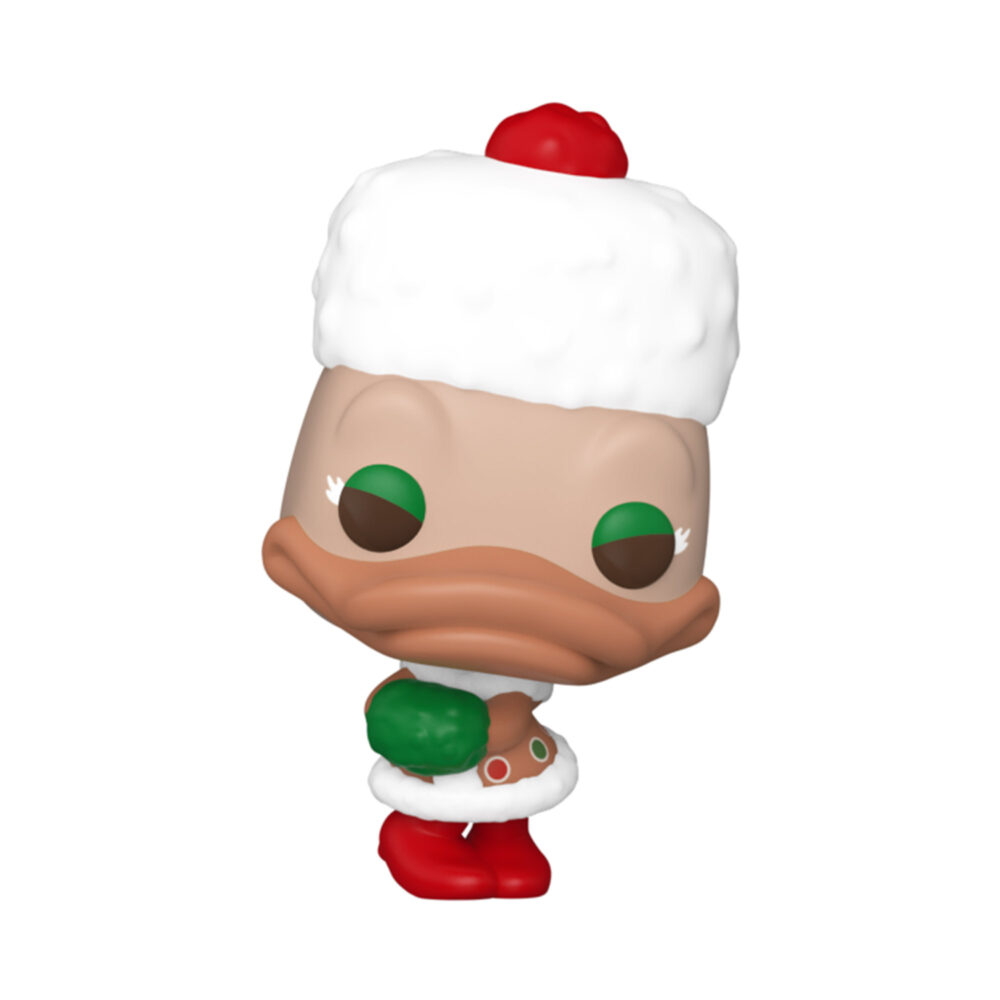 Holiday duck Funko Pocket Pop from the Disney Advent Countdown Calendar wearing a white festive hat and holding a green accessory.