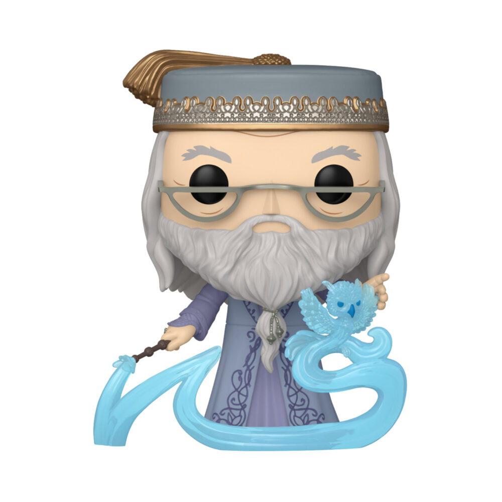 Unboxed Albus Dumbledore with Patronus Funko Pop #207 with wand and translucent blue Patronus effect.
