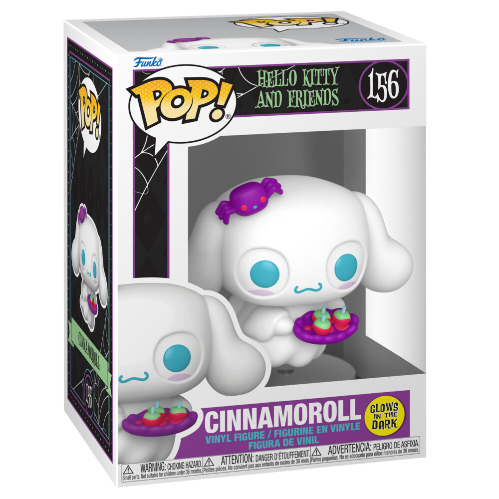 Cinnamoroll (Spooky) Funko Pop #156 in the Hello Kitty and Friends window display box with glow-in-the-dark sticker.