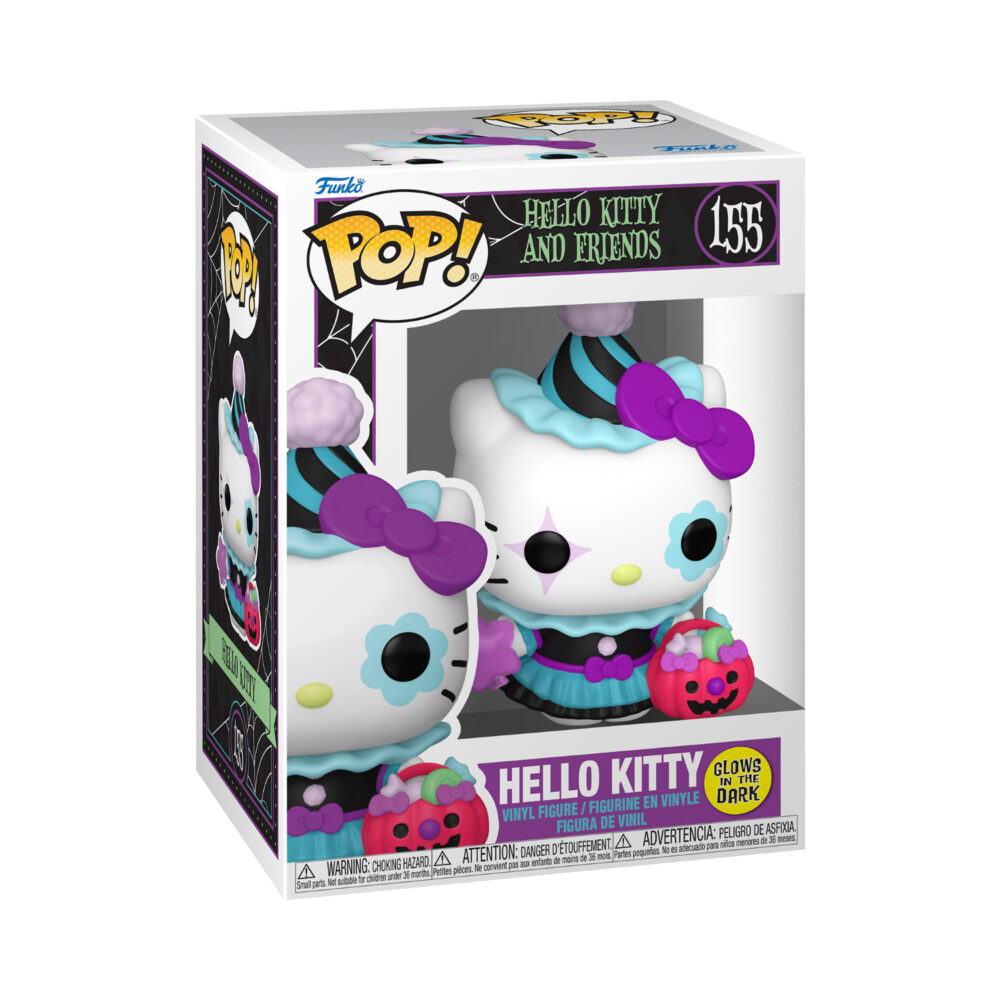 Hello Kitty (Spooky) Funko Pop #155 in the Hello Kitty and Friends window display box with glow-in-the-dark sticker.