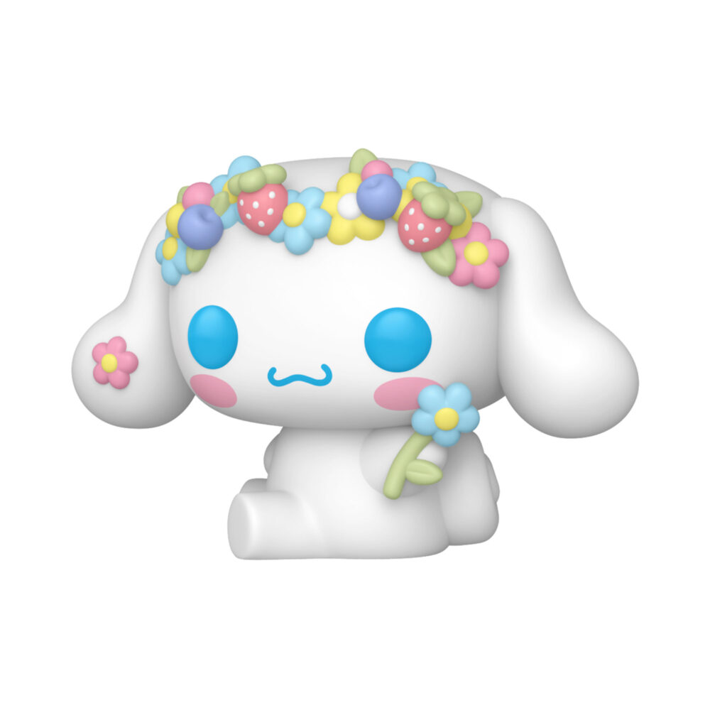Unboxed Cinnamoroll Funko Pop #149 Special Edition wearing a colourful floral crown and holding a blue flower.