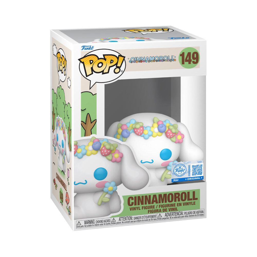 Cinnamoroll Funko Pop #149 Special Edition shown in the window display box with floral crown and flower.