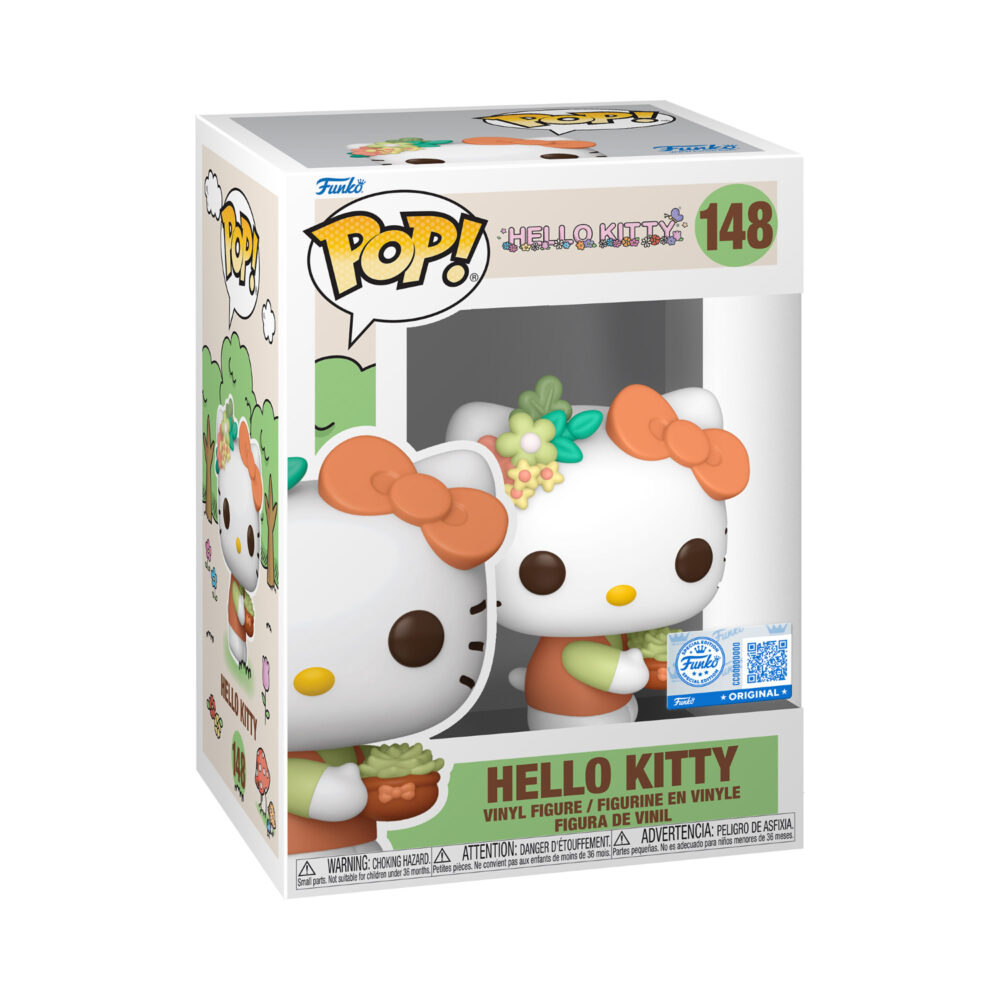 Hello Kitty Funko Pop #148 Special Edition shown in the window display box holding a potted plant.