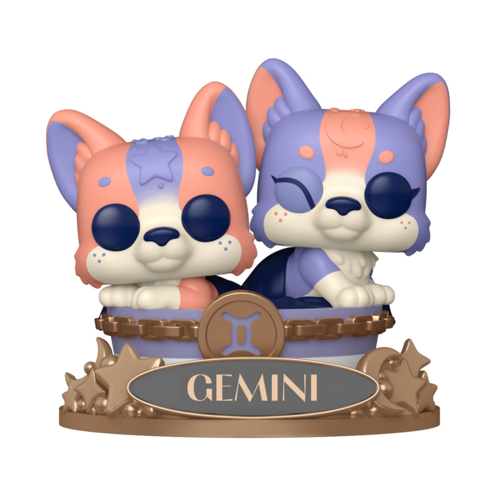 Gemini Zodiac Funko Pop #17 unboxed figure featuring two pastel celestial corgis with the Gemini symbol and nameplate