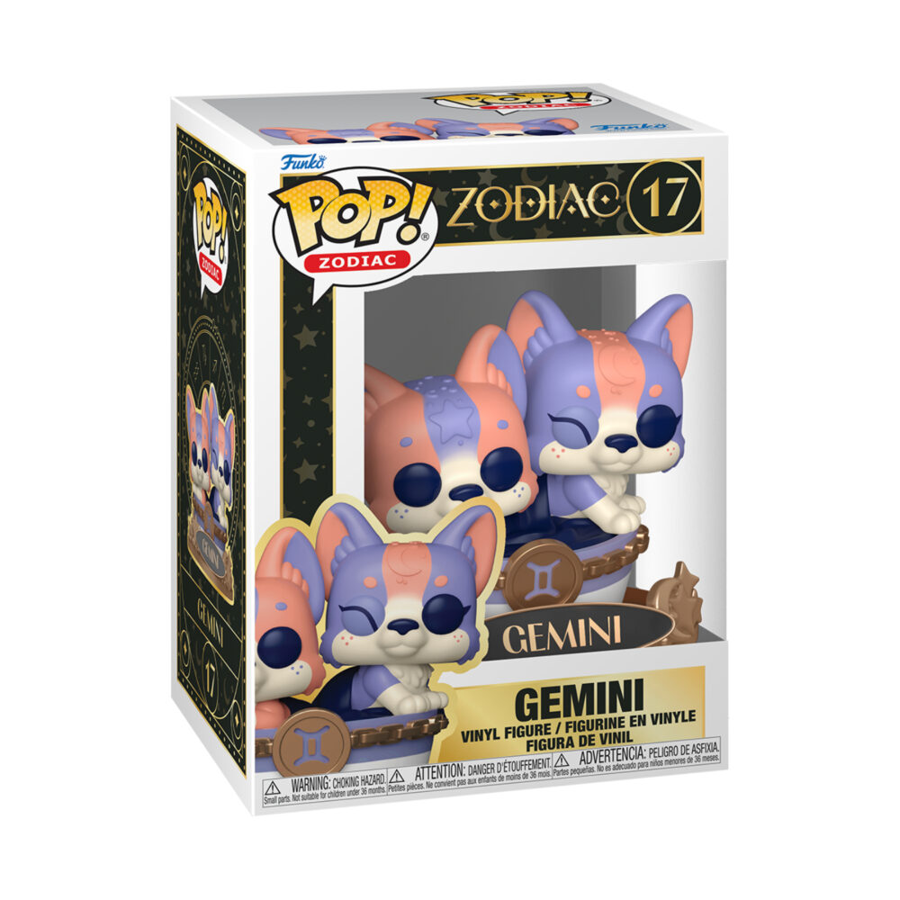 Gemini Zodiac Funko Pop #17 shown in its window display box with the paired celestial corgi figures visible
