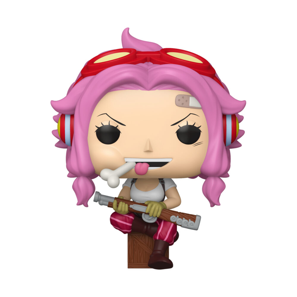 Ginny - One Piece Funko Pop Figure #2205 unboxed sitting on a crate with pink hair and a bone in her mouth