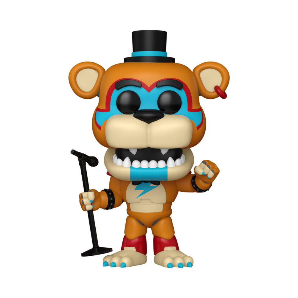 Glamrock Freddy Five Nights At Freddys Funko Pop #1202 Special Edition unboxed with orange and blue styling, top hat and microphone