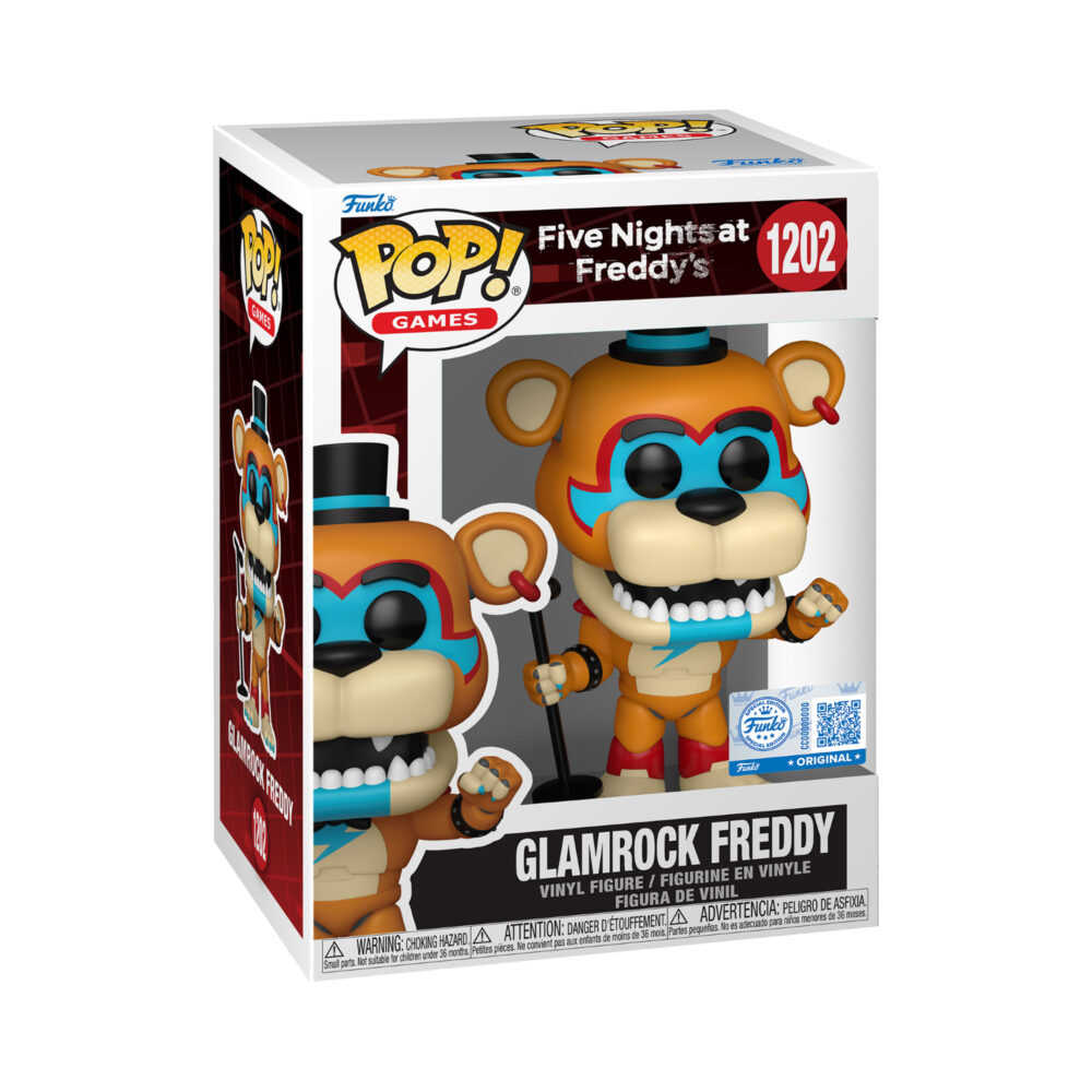 Glamrock Freddy Five Nights At Freddys Funko Pop #1202 Special Edition shown in its window display box with the figure and microphone visible