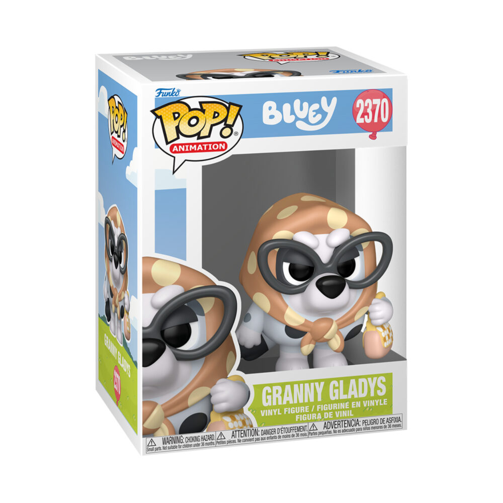 Boxed Granny Gladys Bluey Funko Pop #2370 wearing oversized glasses, a spotted headscarf and carrying a handbag.
