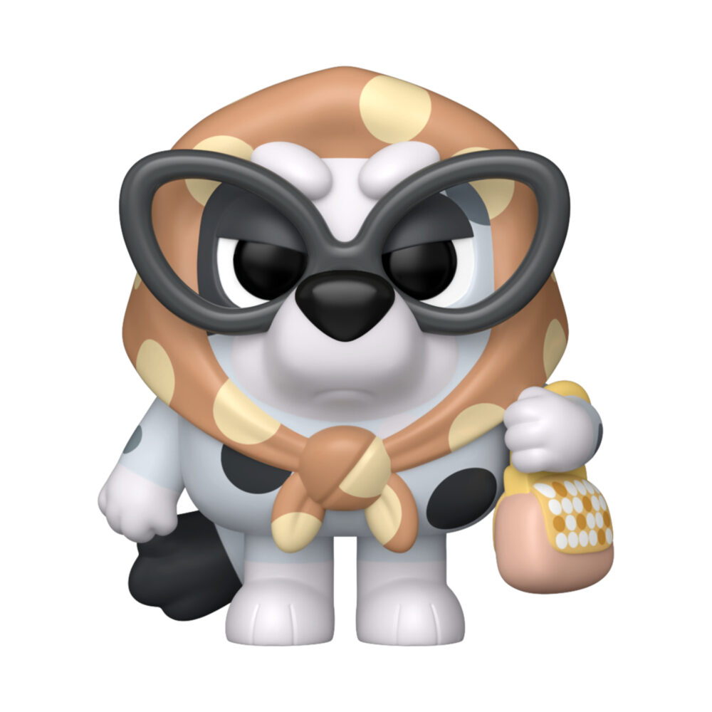 Unboxed Granny Gladys Bluey Funko Pop #2370 with oversized glasses, a spotted headscarf and handbag.