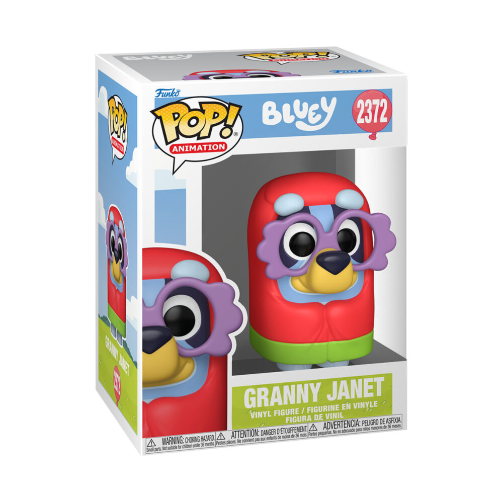 Boxed Granny Janet Bluey Funko Pop #2372 in a red granny costume with purple glasses.