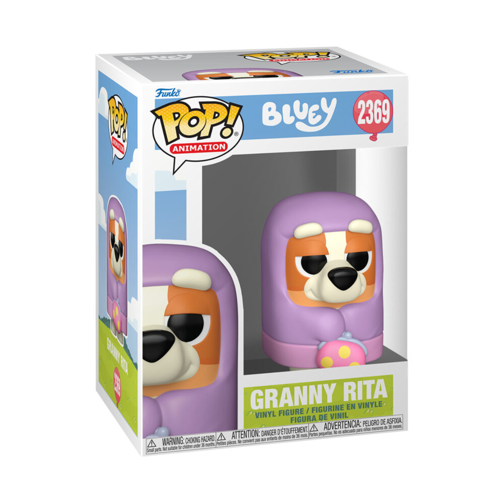 Boxed Granny Rita Bluey Funko Pop #2369 in a purple granny costume with a pink purse.