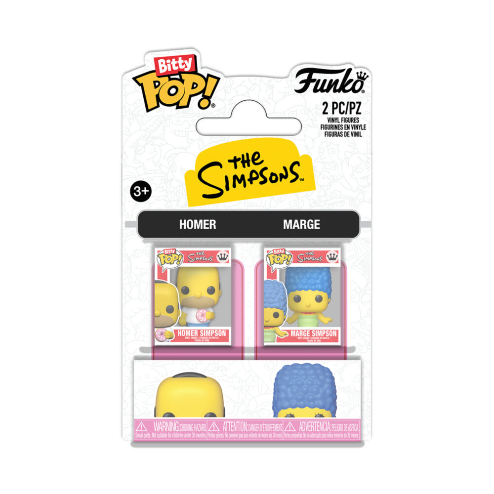Homer Simpson and Marge Simpson The Simpsons Funko Bitty Pop! 2-Pack shown in its retail packaging from the front