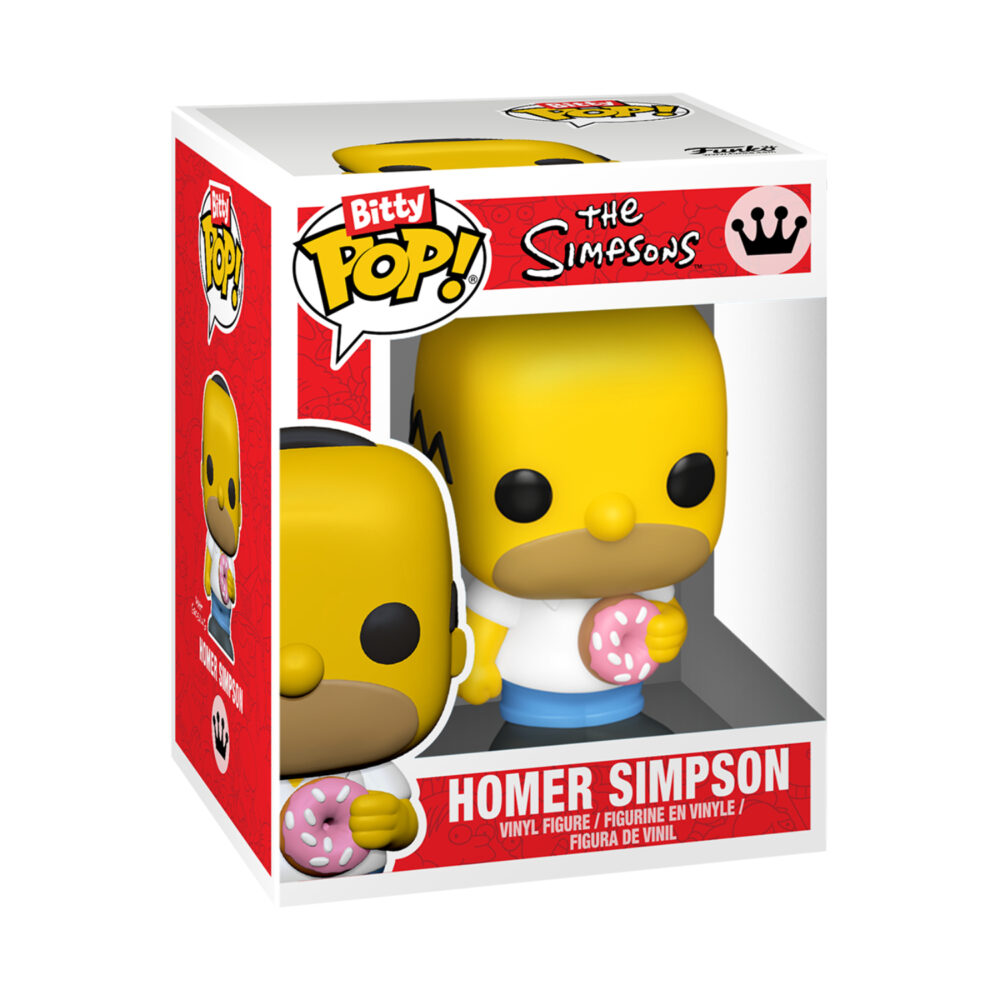 Homer Simpson The Simpsons Funko Bitty Pop! inside its clear acrylic display case holding a pink doughnut