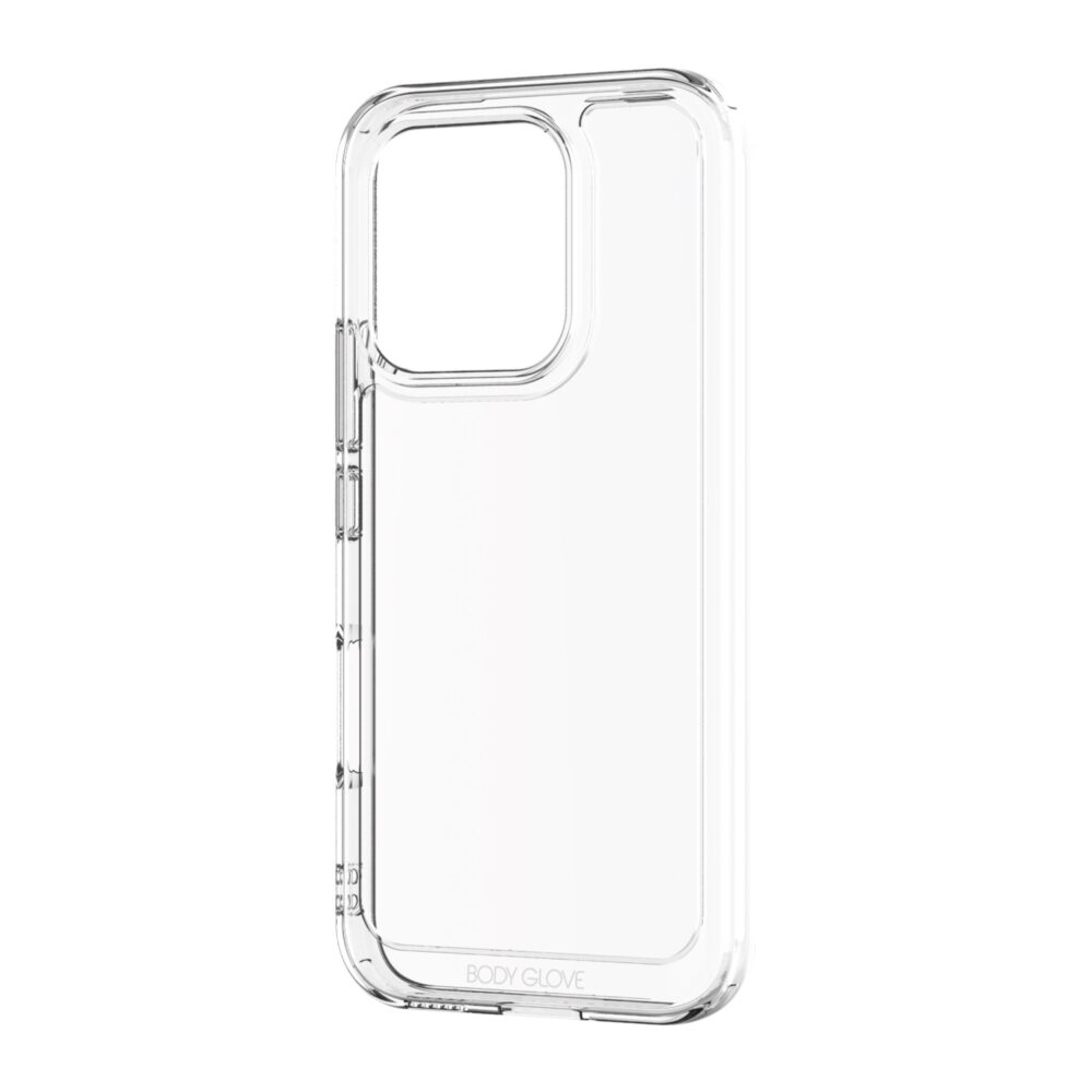 Angled rear view of the empty clear Body Glove Lite case for HONOR 600 Lite, showing the camera cutout and case edges.