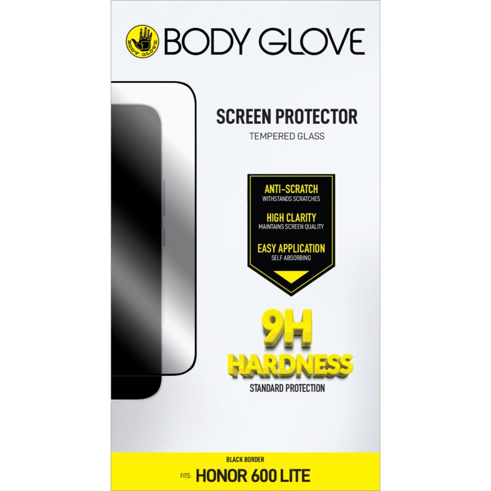 Front of the Body Glove tempered glass screen protector packaging for HONOR 600 Lite with the black border and 9H hardness information visible.