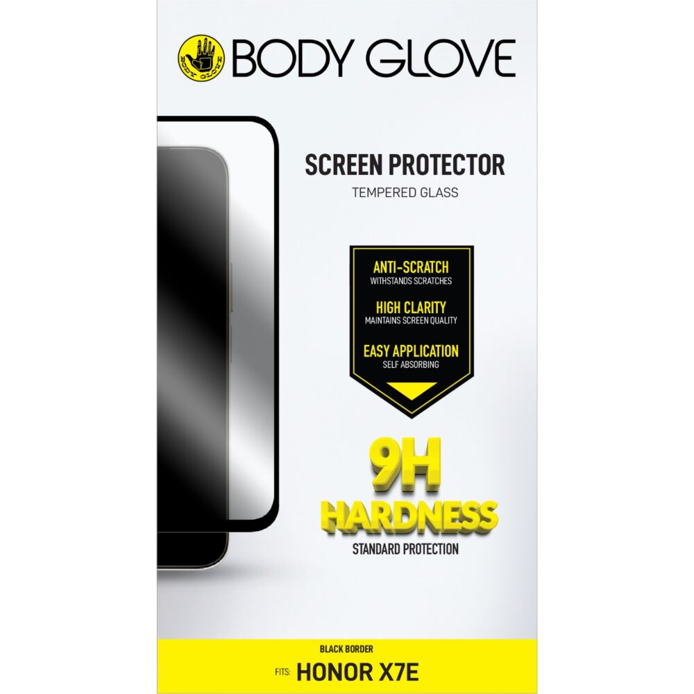 Body Glove tempered glass screen protector for HONOR X7e with black border shown in front retail packaging