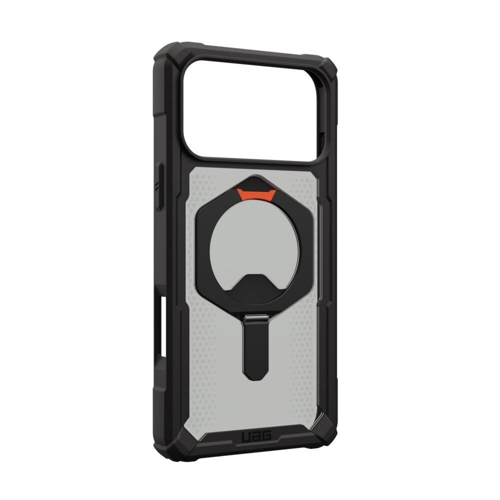 Rear left-angle view of the black and orange UAG Plasma XTE MagSafe Case for Apple iPhone 17 Pro Max showing the kickstand and reinforced corners.