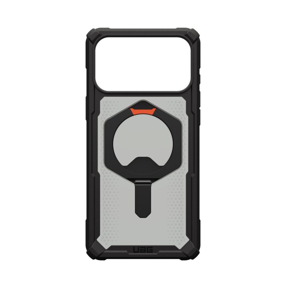 Rear view of the black and orange UAG Plasma XTE MagSafe Case for Apple iPhone 17 Pro Max with the integrated metal kickstand closed.