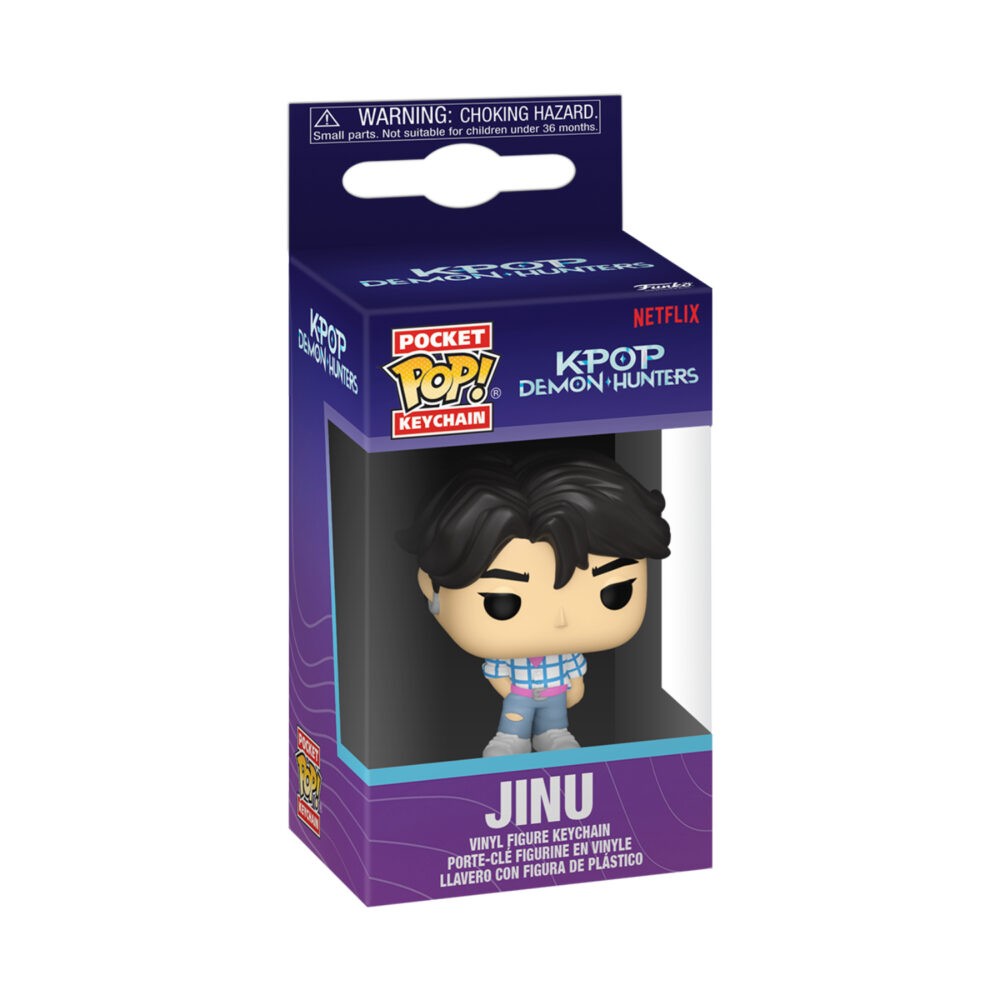 Jinu KPop Demon Hunters Funko Pocket Pop keychain shown in its purple window display box