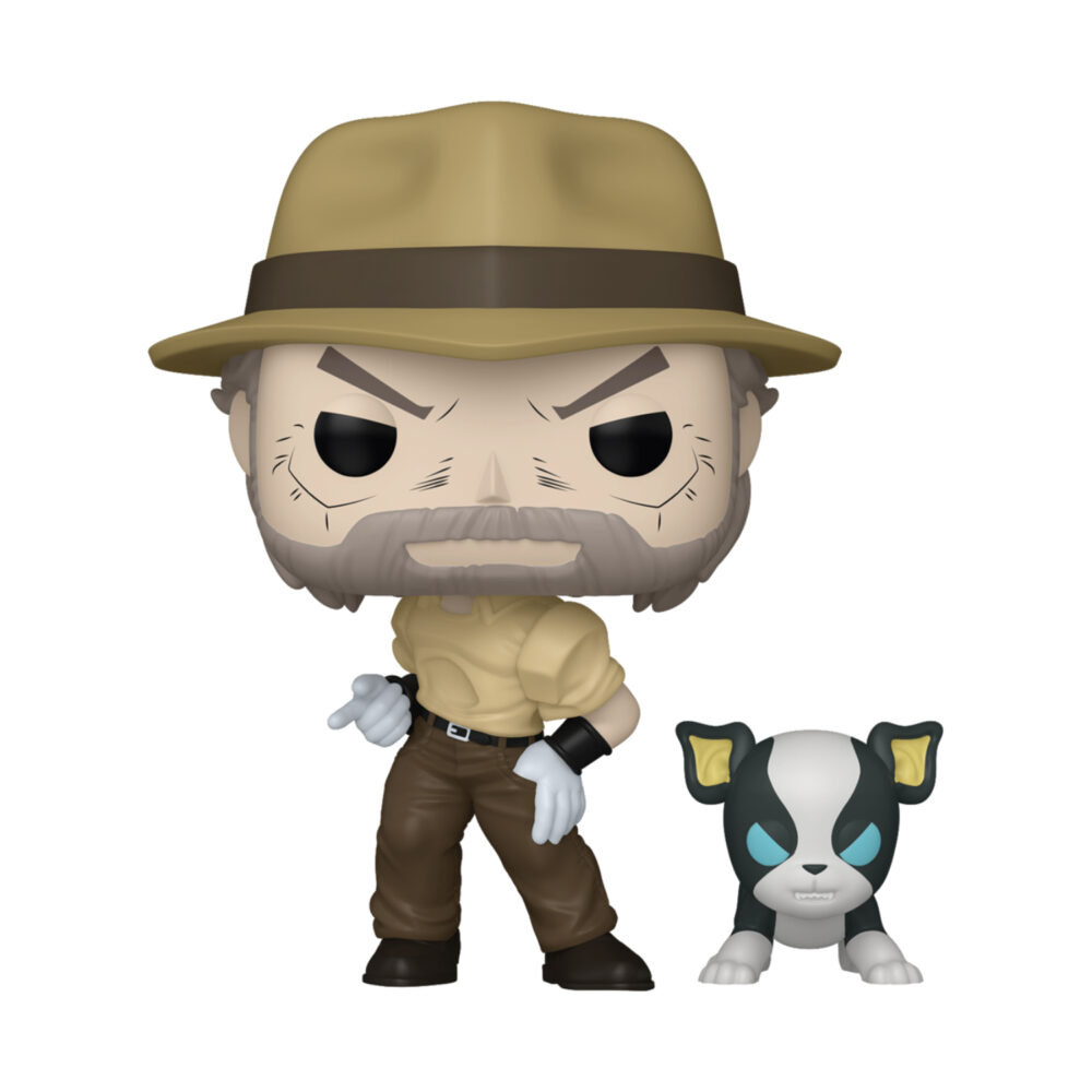 Joseph Joestar with Iggy JoJo’s Bizarre Adventure Funko Pop #2146 unboxed, with Joseph in a tan hat beside Iggy