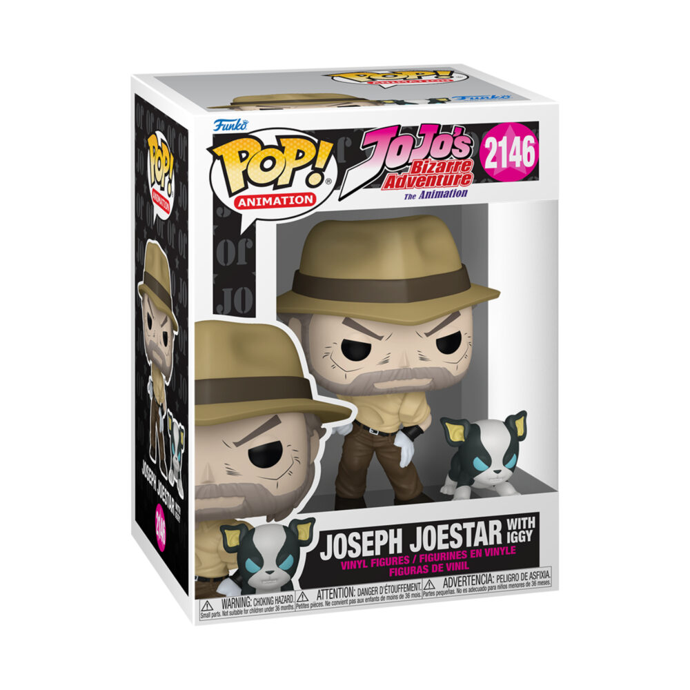 Joseph Joestar with Iggy JoJo’s Bizarre Adventure Funko Pop #2146 shown together in the window display box