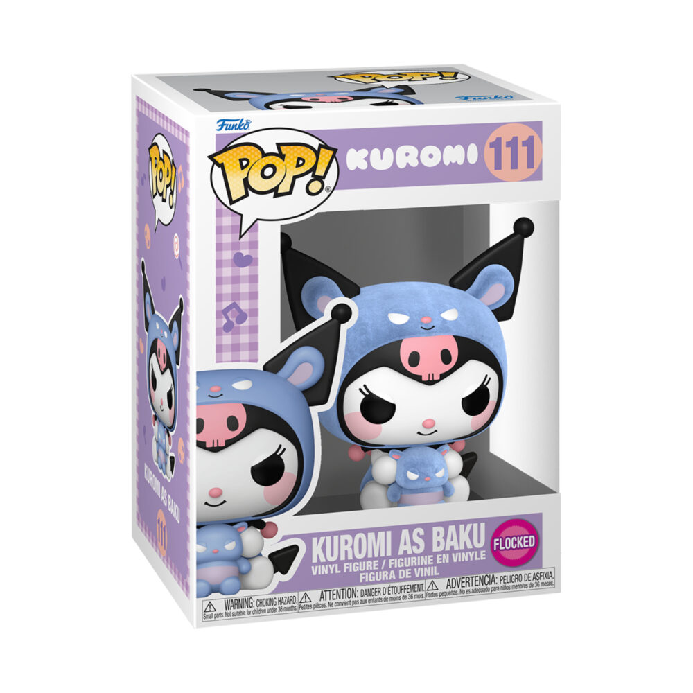 Flocked Kuromi As Baku Funko Pop #111 shown in the Sanrio window display box.