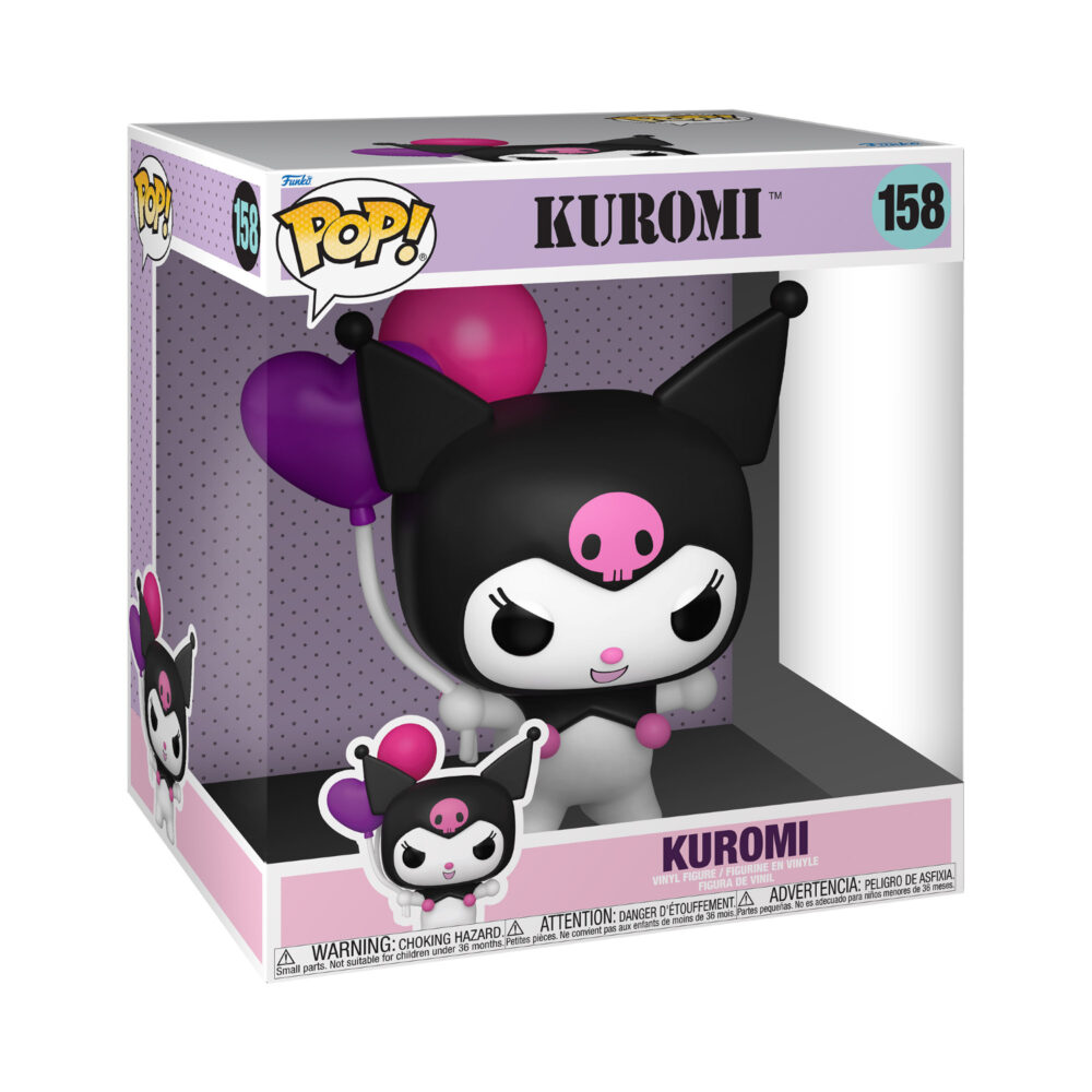 Boxed Kuromi with Balloons Hello Kitty and Friends Funko Pop Jumbo #158 with pink and purple balloons visible behind the figure.
