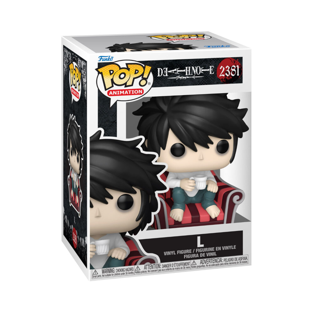 Boxed L Death Note Funko Pop #2381 showing L seated barefoot in a red chair while holding a cup.