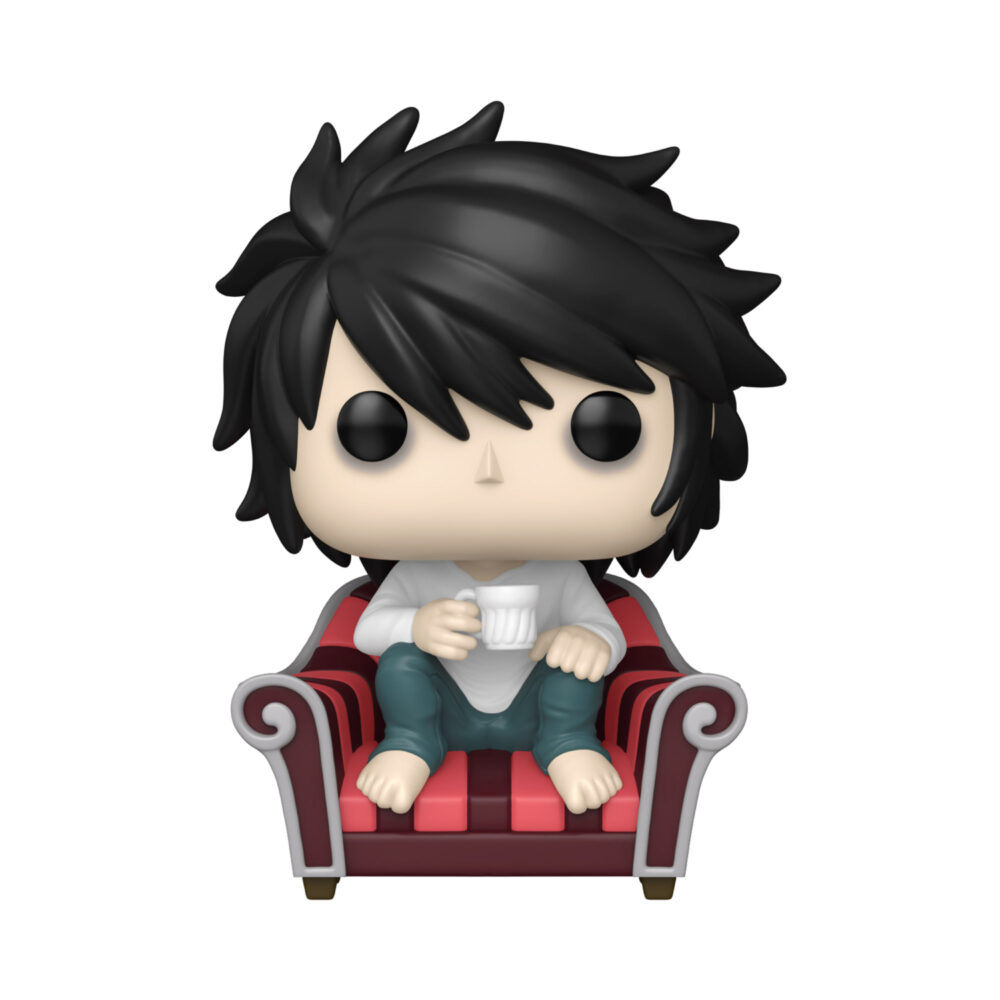 Unboxed L Death Note Funko Pop #2381 seated barefoot in a red chair and holding a white cup.